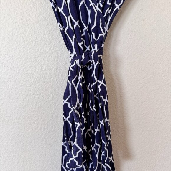 Tart Dress Navy Geometric Print Belted Cap Sleeve Feminine Wrap Dress - Picture 3 of 7